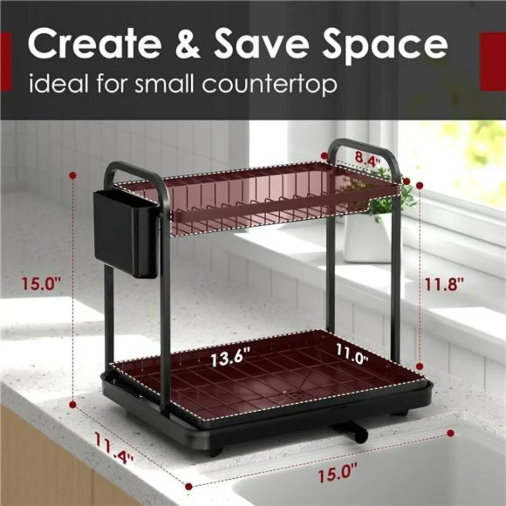 2-Tier Dish Drying Rack Stainless Steel Kitchen Organizer with Drainboard and Ho